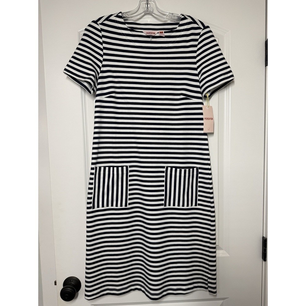 PERSIFOR Tee Dress Womens Small Carter Blue White Striped Casual Pocket NWT $178